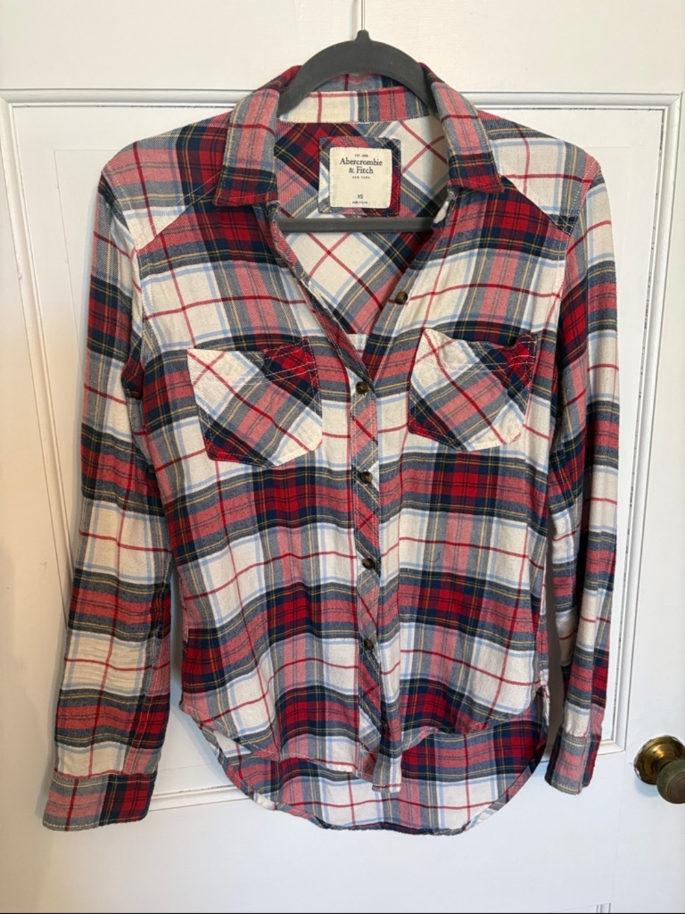 Abercrombie & Fitch Red, Navy, White & Yellow Plaid Flannel